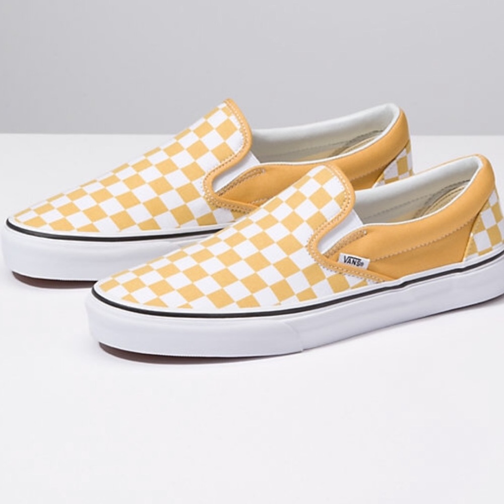 ISO yellow checkered slip on vans